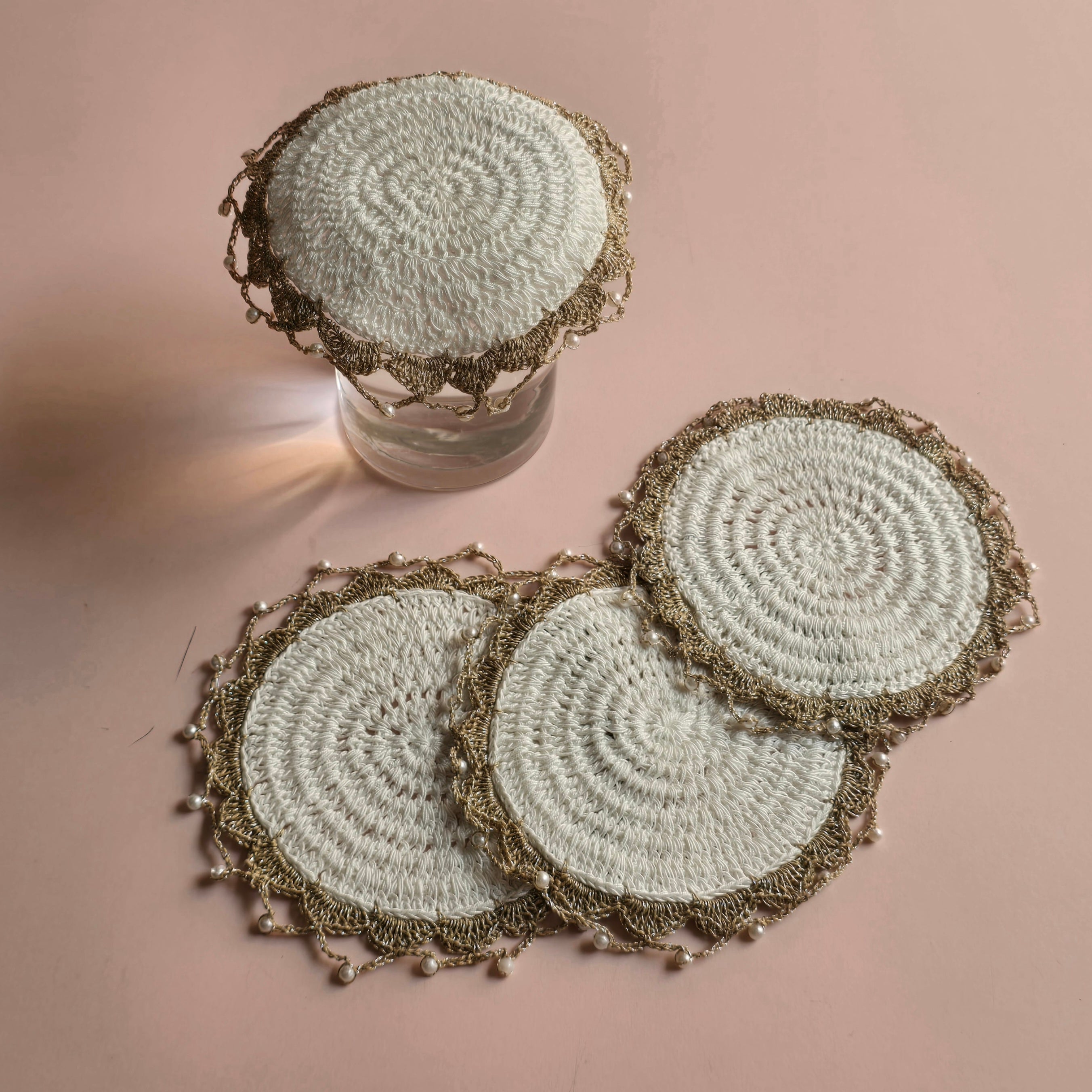 White & Antique Gold  Crochet Glass Cover