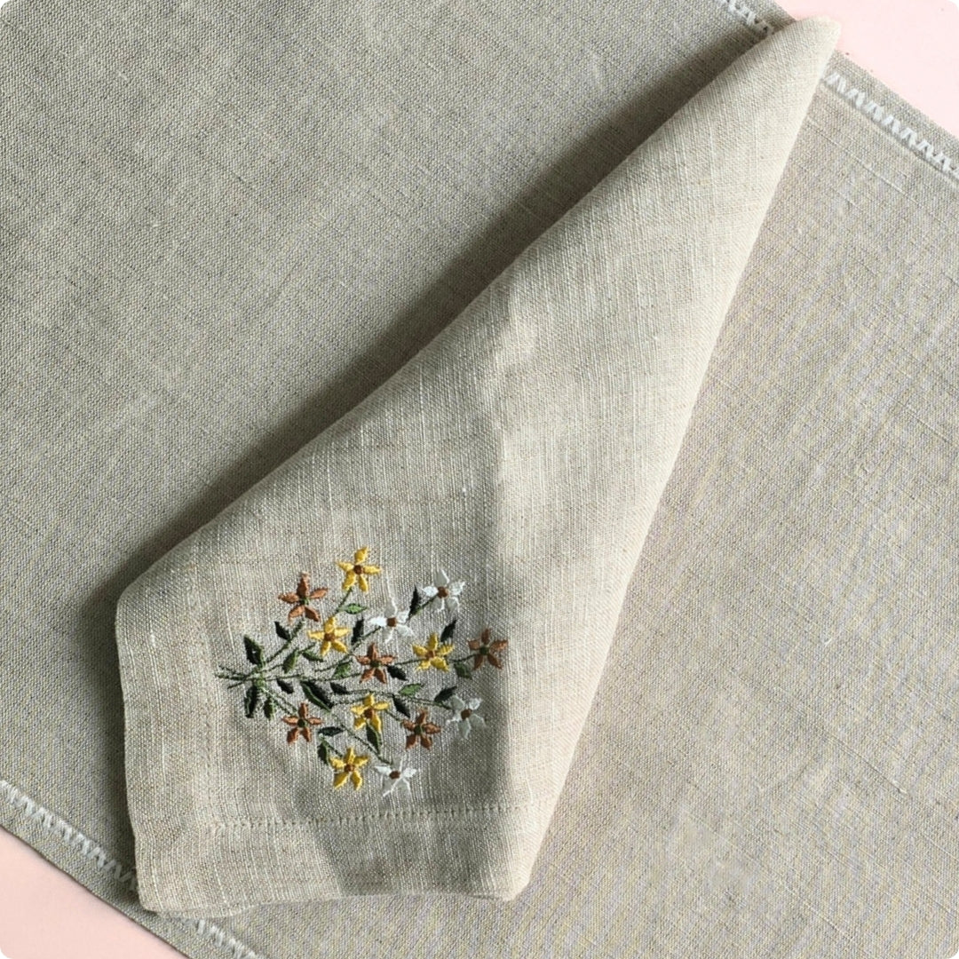 Natural Flower Embroidered  Table Napkin (Mustard)