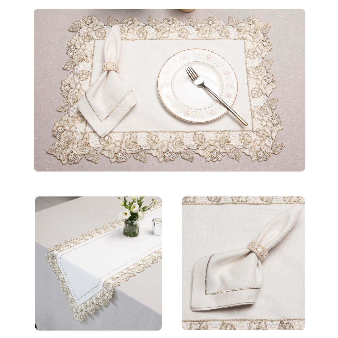 Floral White Gold Table Linen Set