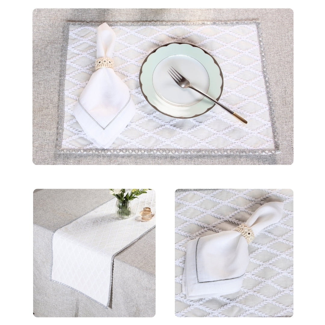 White & Silver Sequence Lace  Linen Set