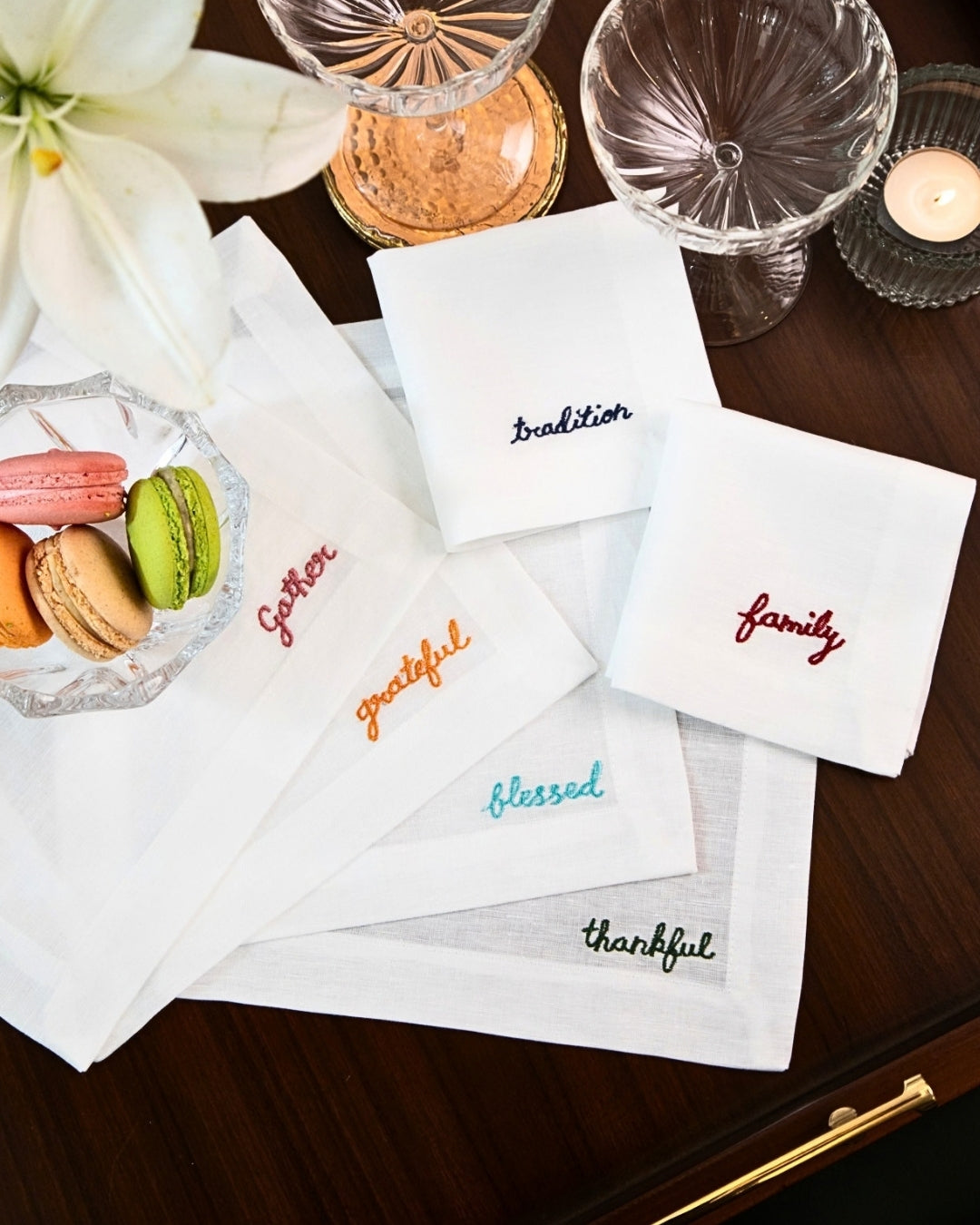 Gratitude Embroidered Cocktail Napkin (set of- 6)