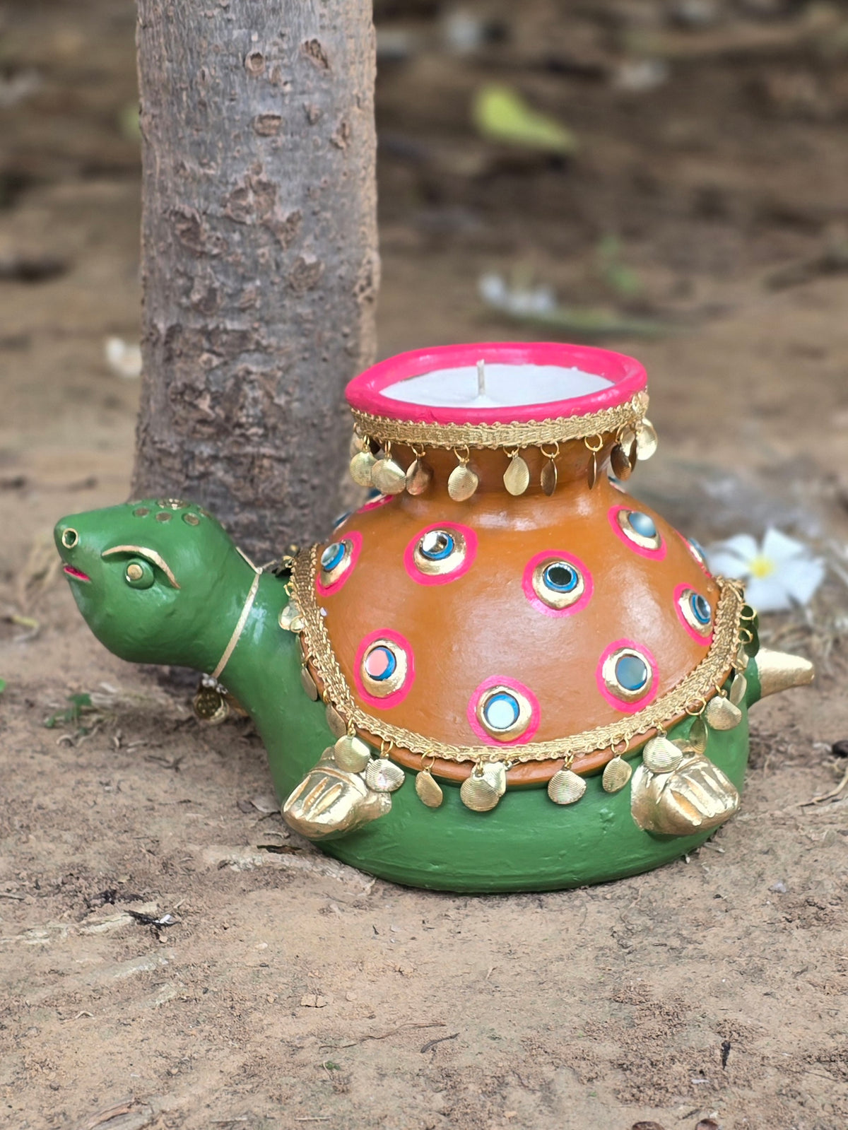 7.5" Tortoise with Soy Wax Diya  (Gulmohar)