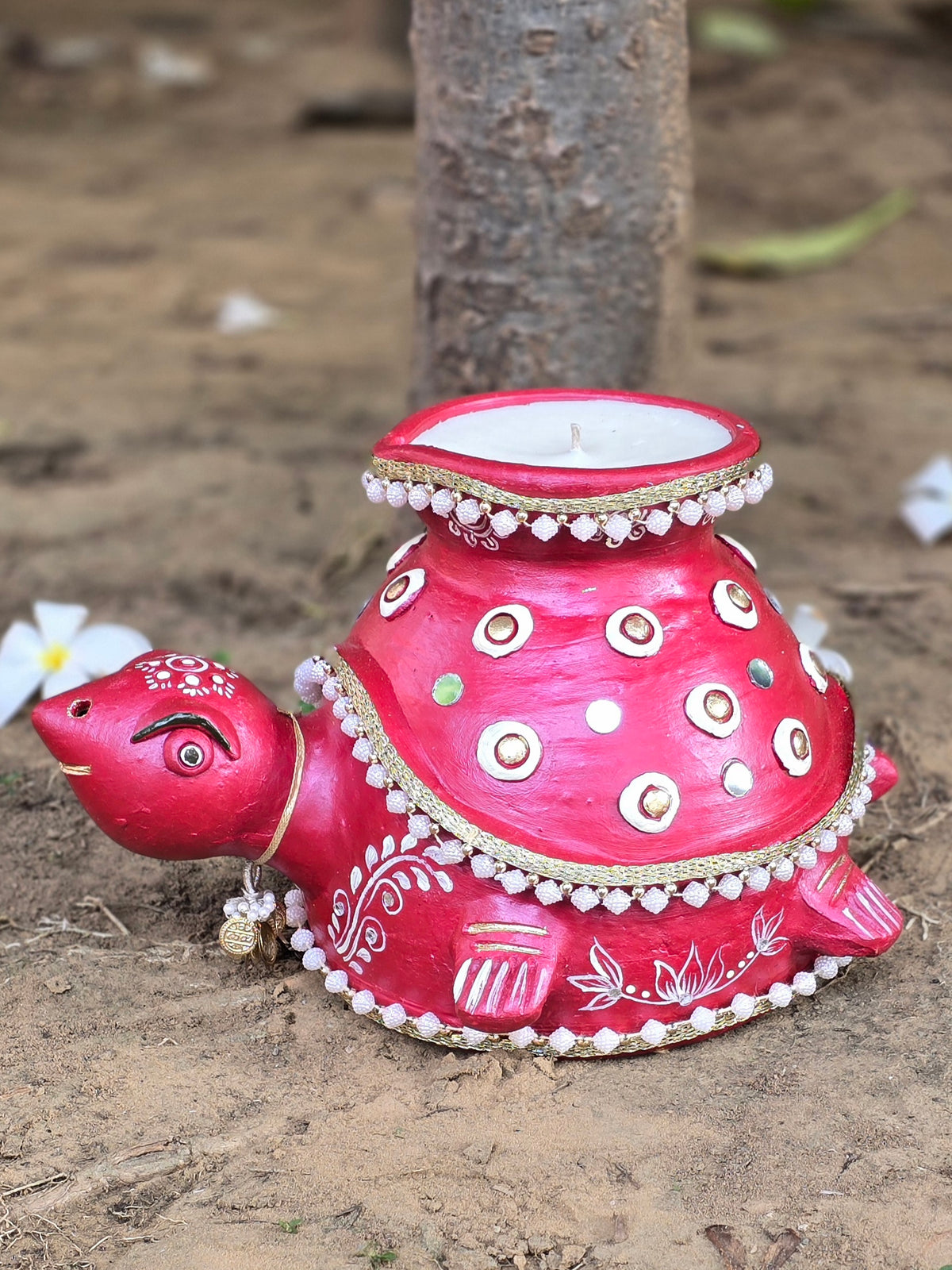 7.5" Tortoise with Soy Wax Diya (Kumkum)