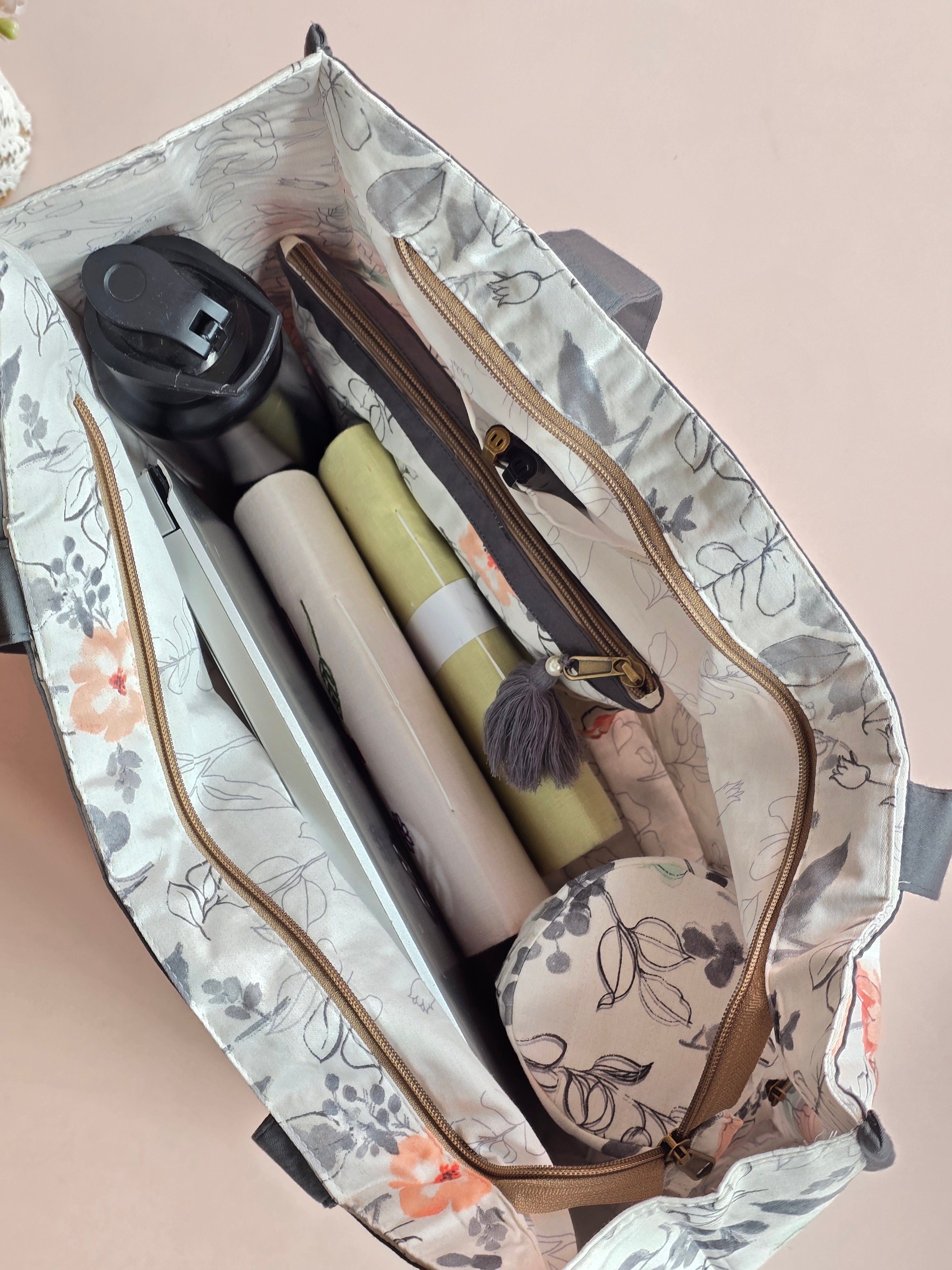 Grey Floral Tote Bag