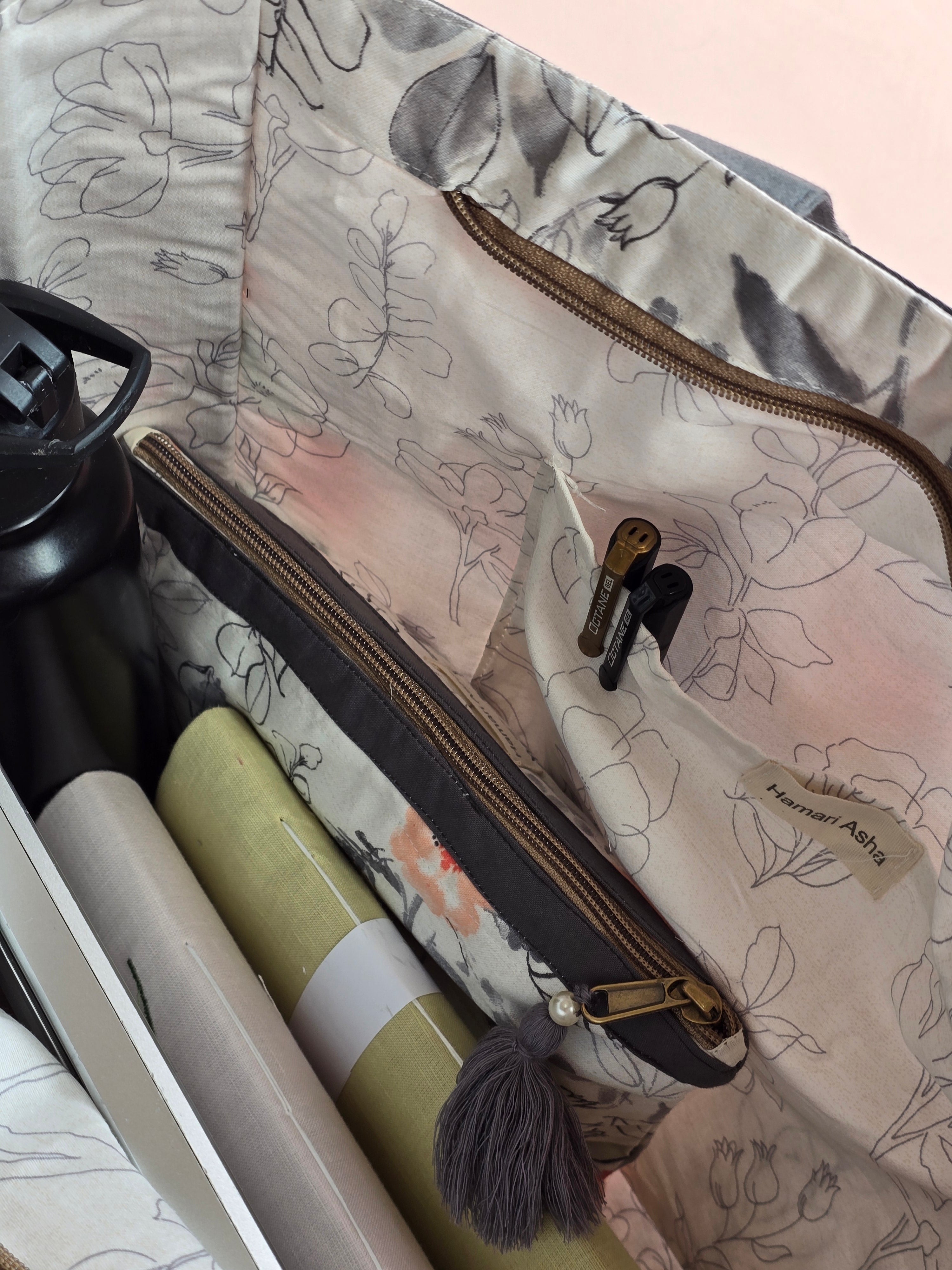 Grey Floral Tote Bag