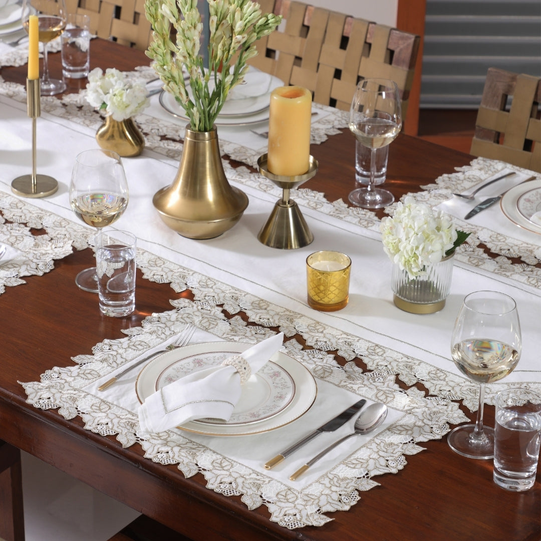 Floral White Gold Table Linen Set