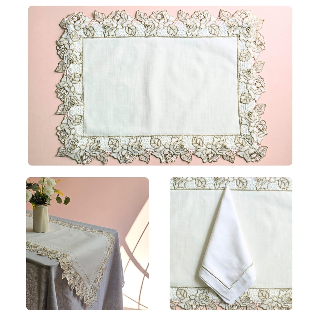 Floral White Gold Table Linen Set