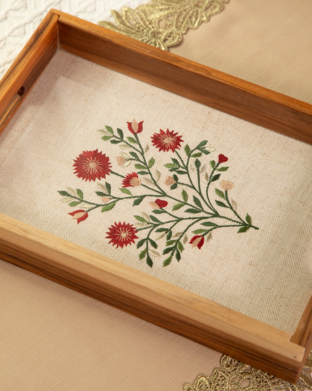 Floral Embroidered Urli and Tray Combo Set