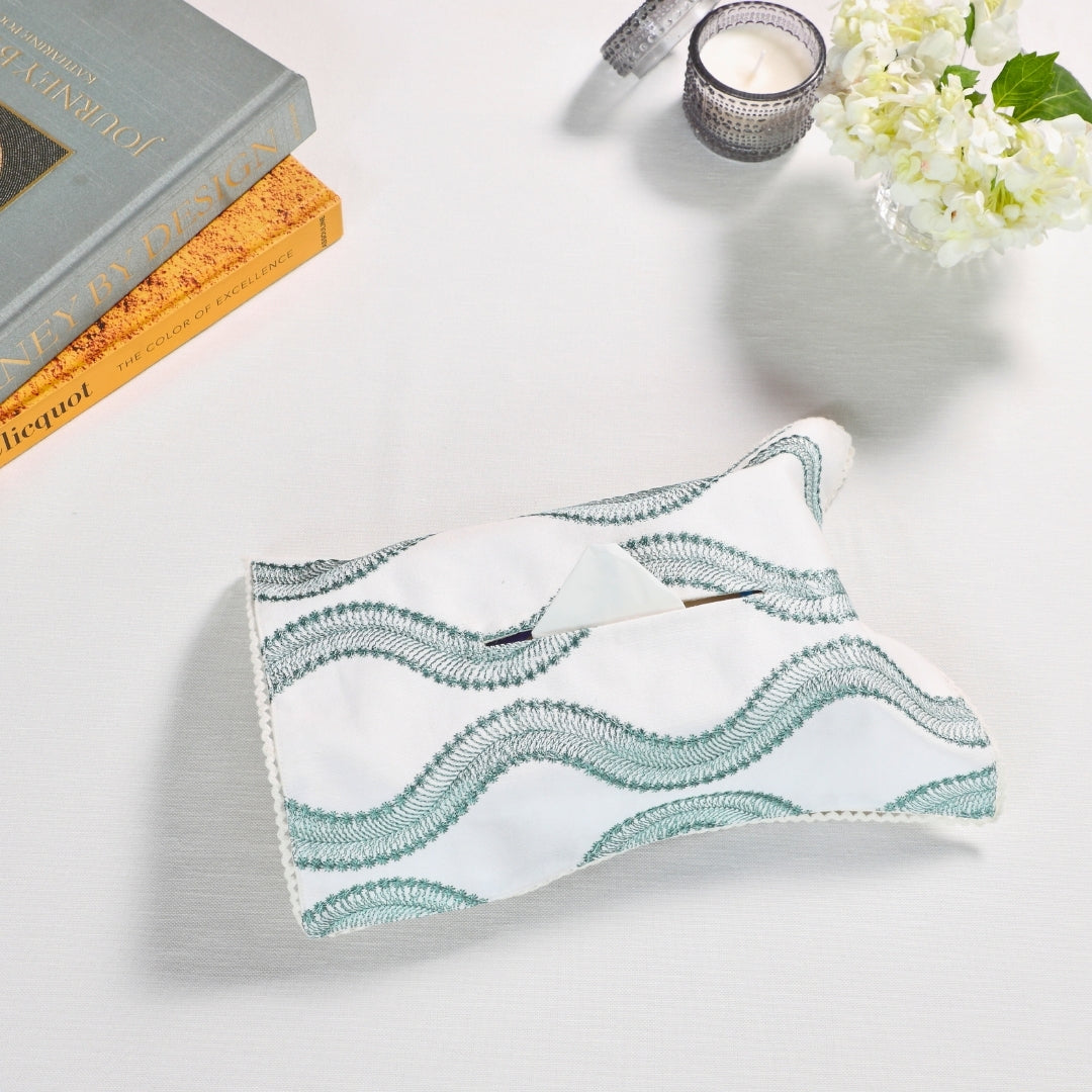 Green Wave Embroidered Tissue Box Cover