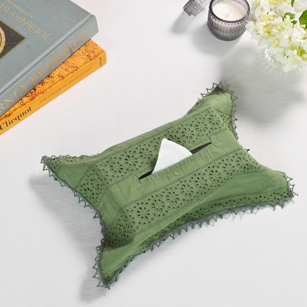 Green Schiffli Lace Tissue Box Cover