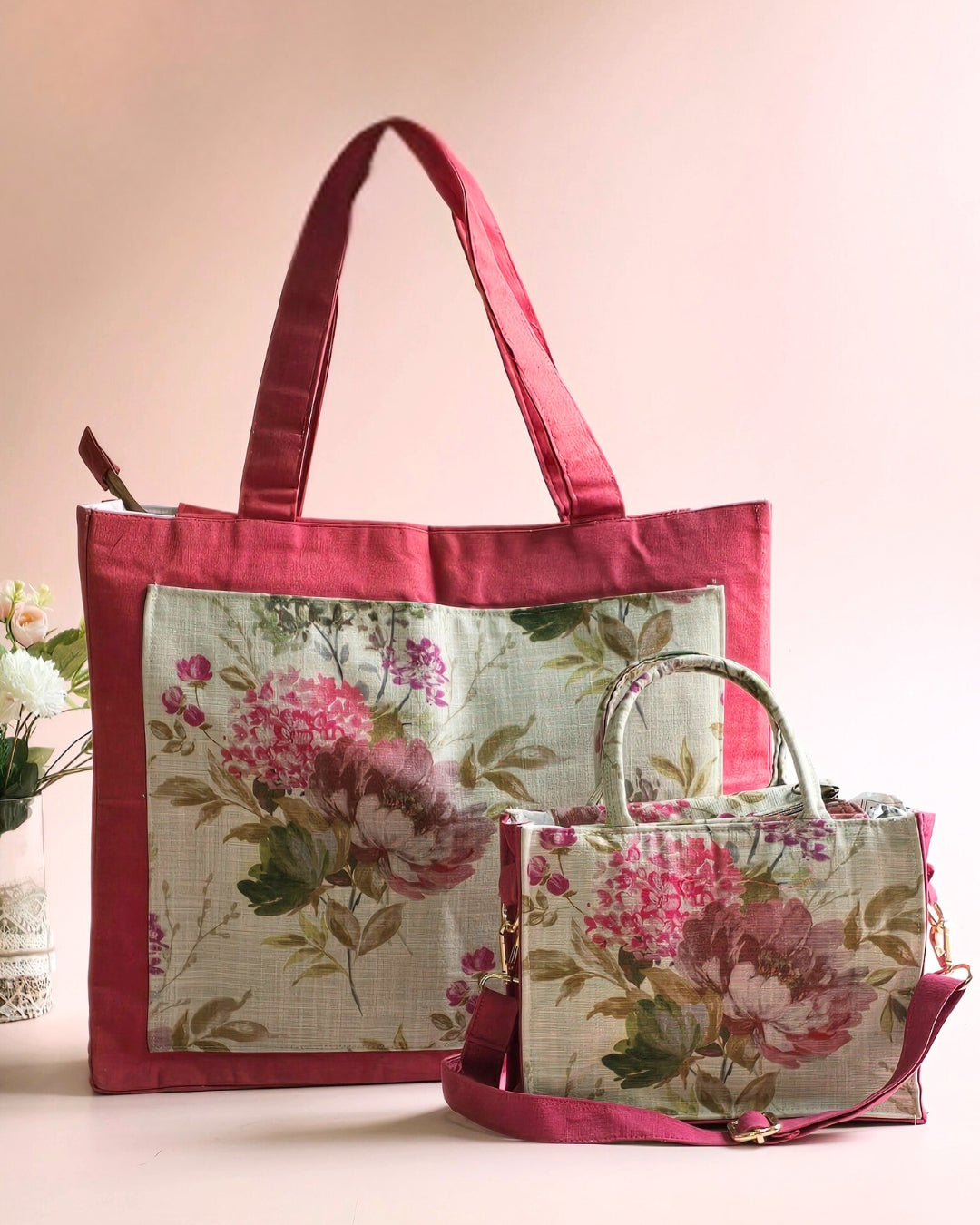 Pink Floral Tote & Sling Set