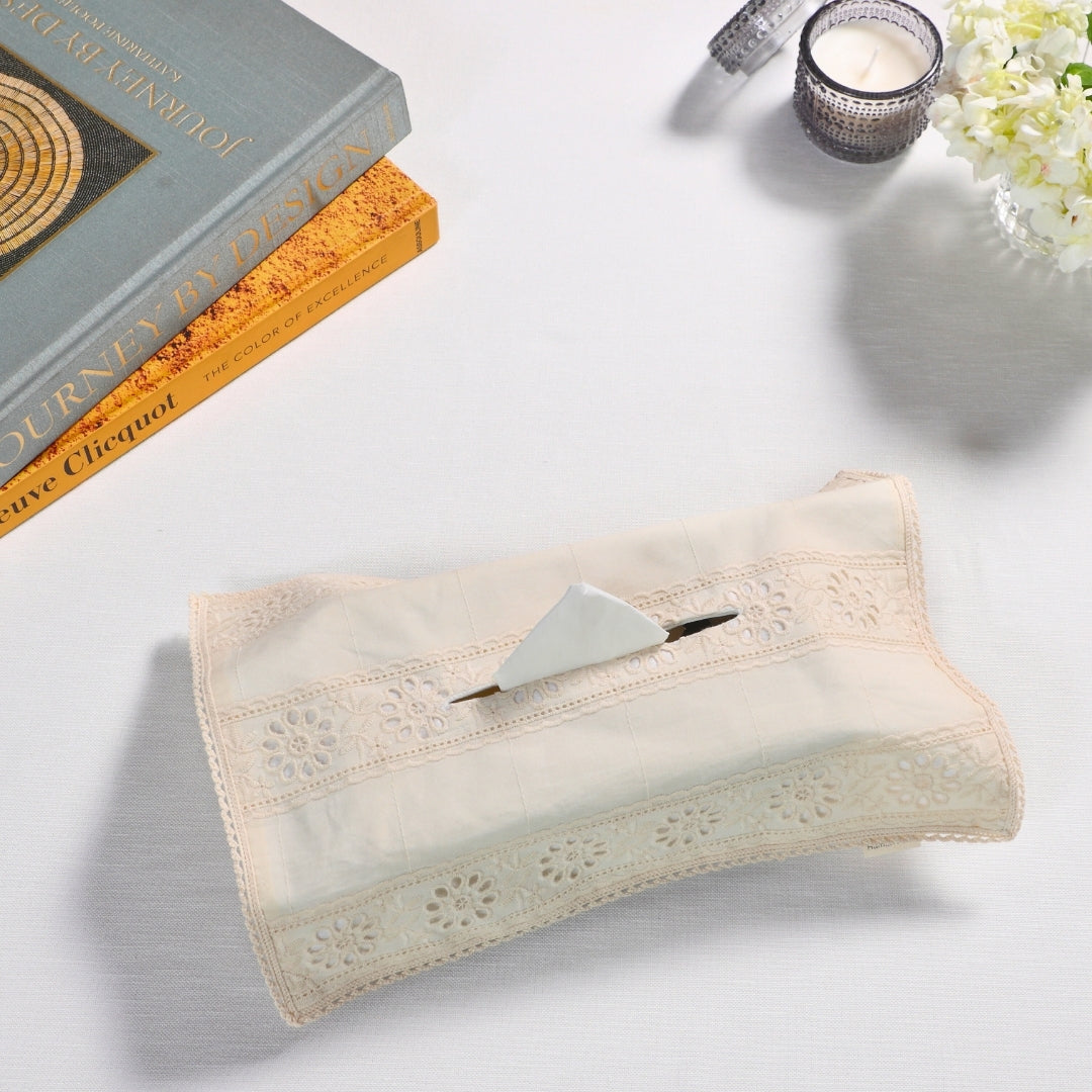 Off White Self Embroidered Tissue Box Cover
