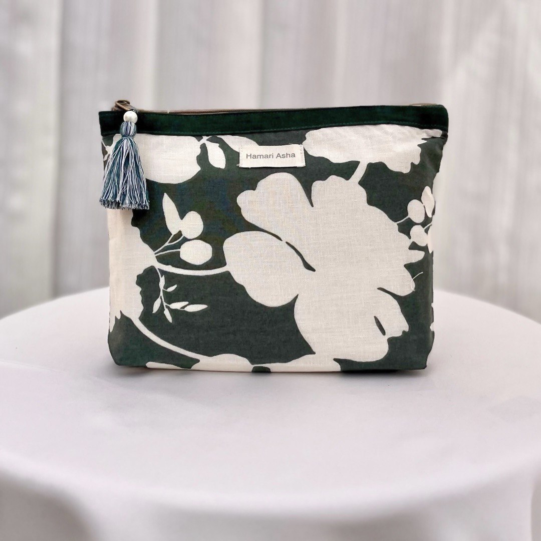 Olive Green Floral Accessories Pouch