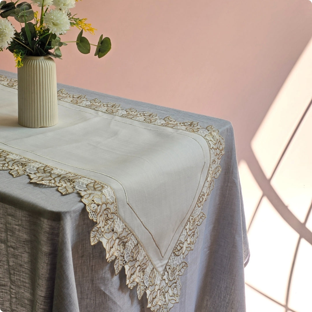 Floral White Gold Table  Runner