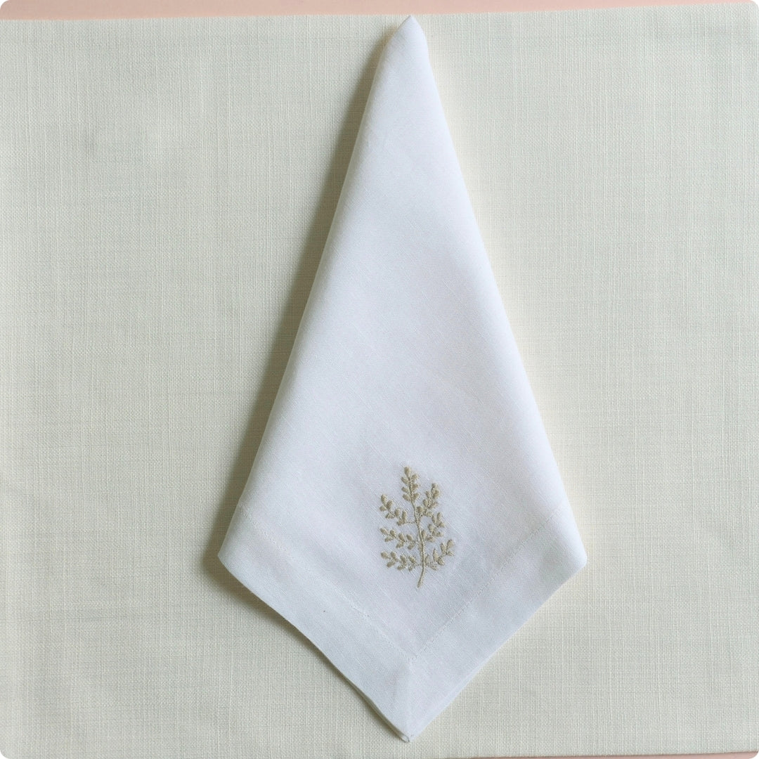 Beige Leaf Embroidered  Table Napkin