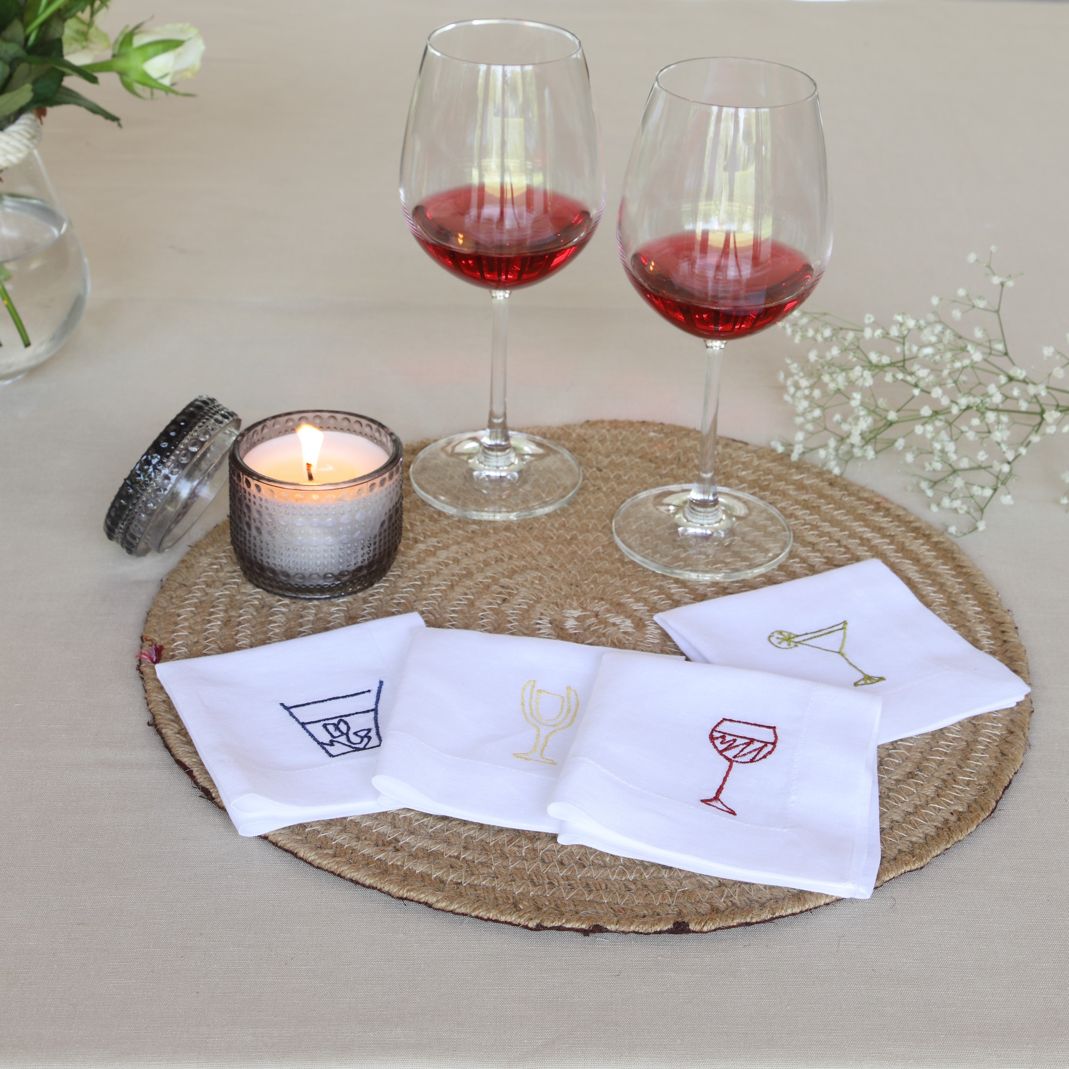 Wine Glass Embroidered Cocktail Napkin (set of 6  )