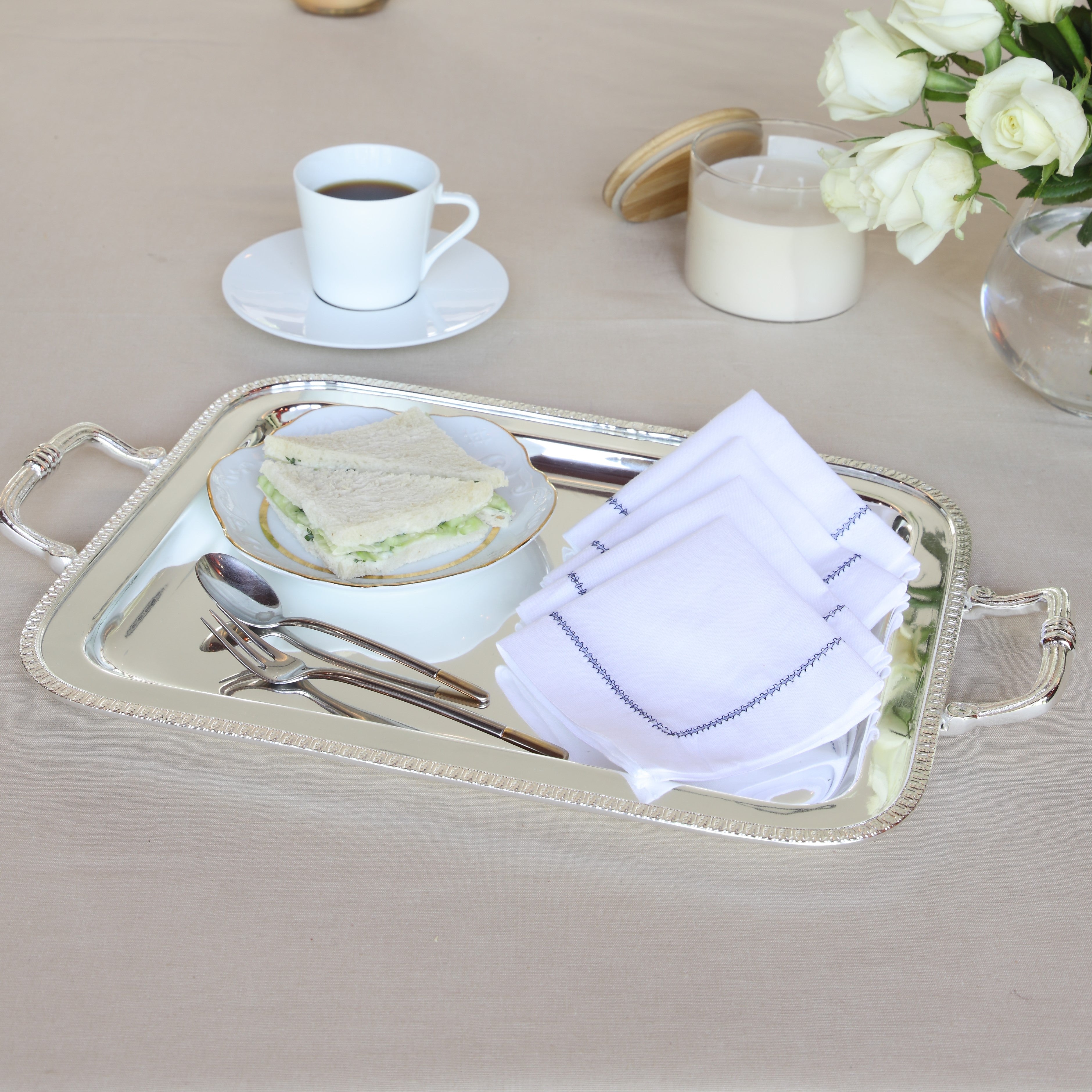 White Cocktail Napkin Blue Fagotting (per Pcs)