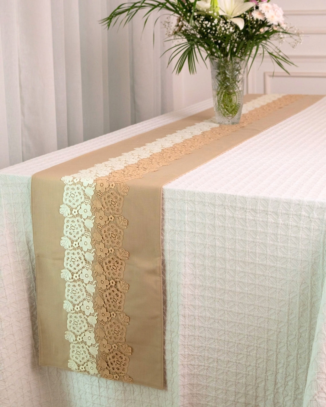 Beige Floral Lace Table Runner