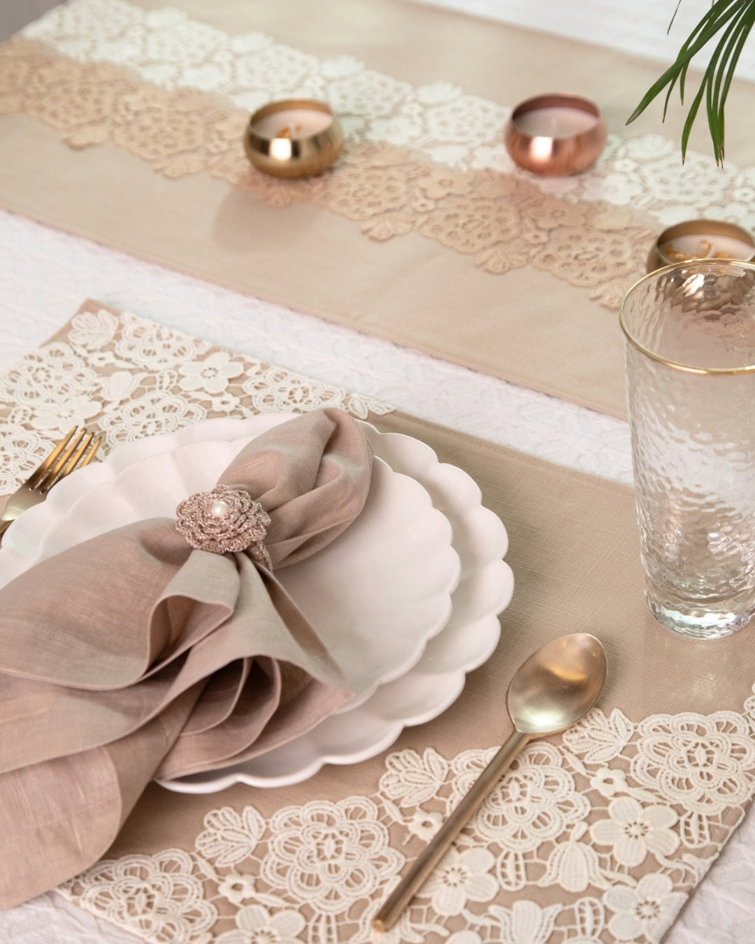 Beige Floral Lace Table Linen Set