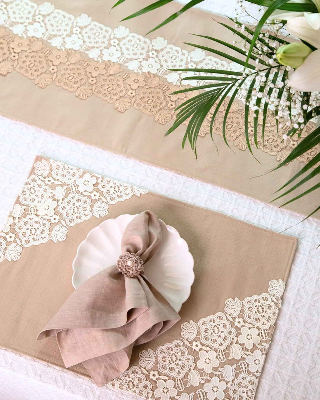 Beige Floral Lace Table Linen Set
