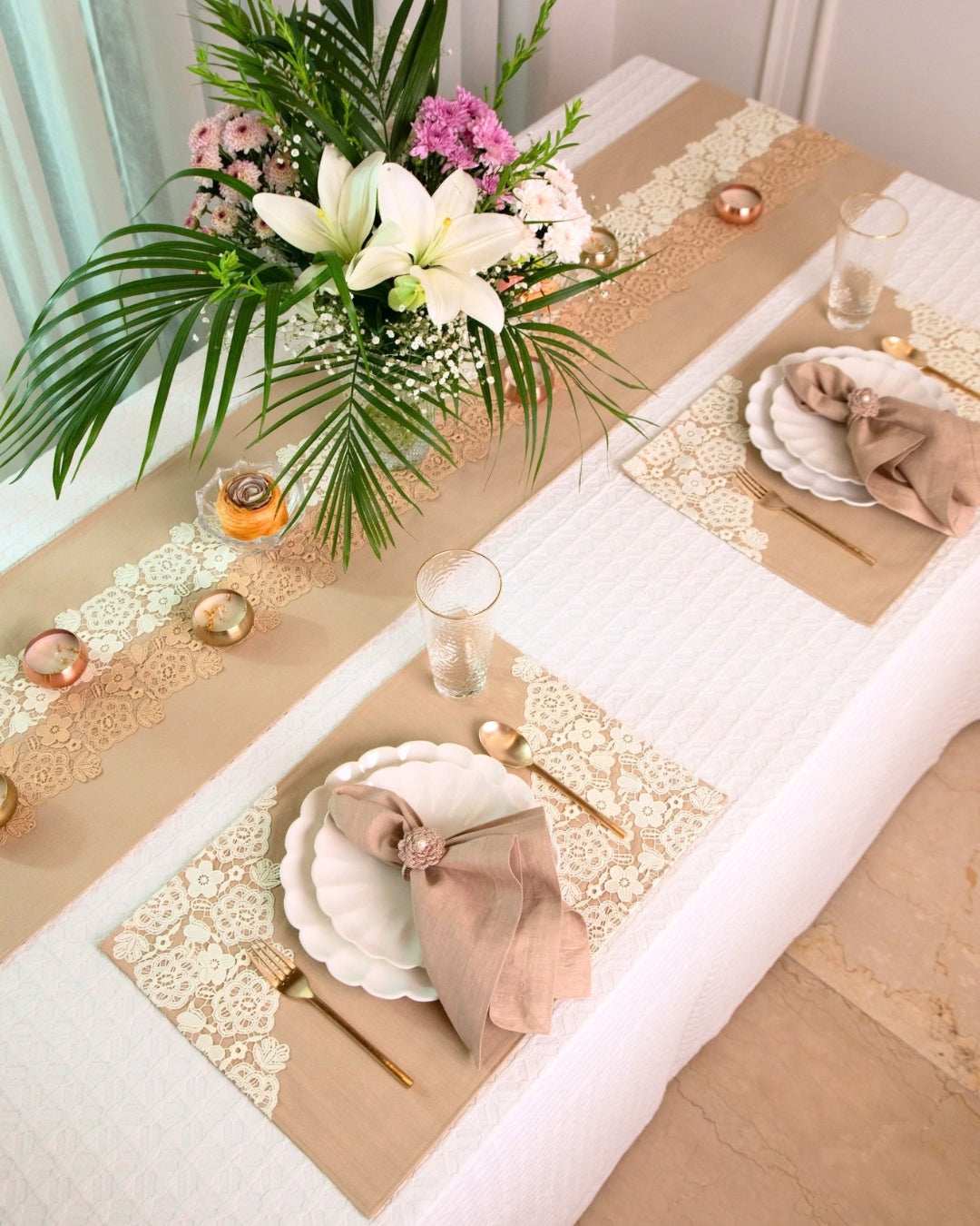 Beige Floral Lace Table Linen Set