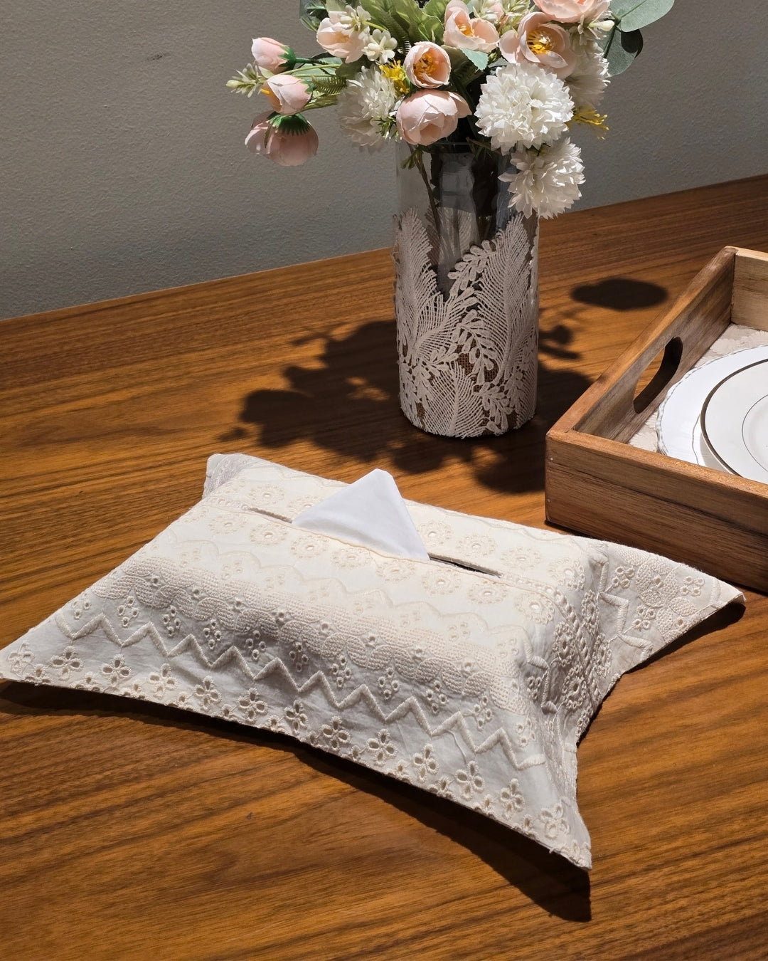Beige Self Embroidered Tissue Box Cover