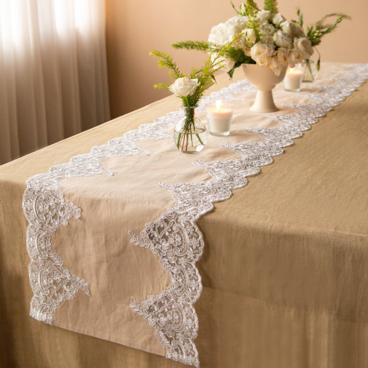 Beige with White Scalloped Lace Table Runner
