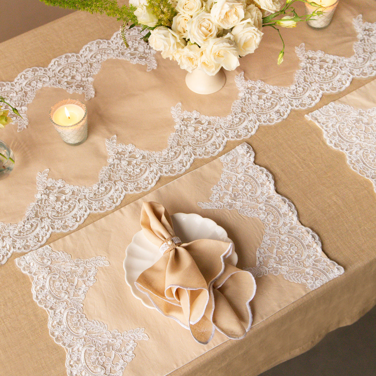 BEIGE WITH WHITE SCALLOPED LACE  SET