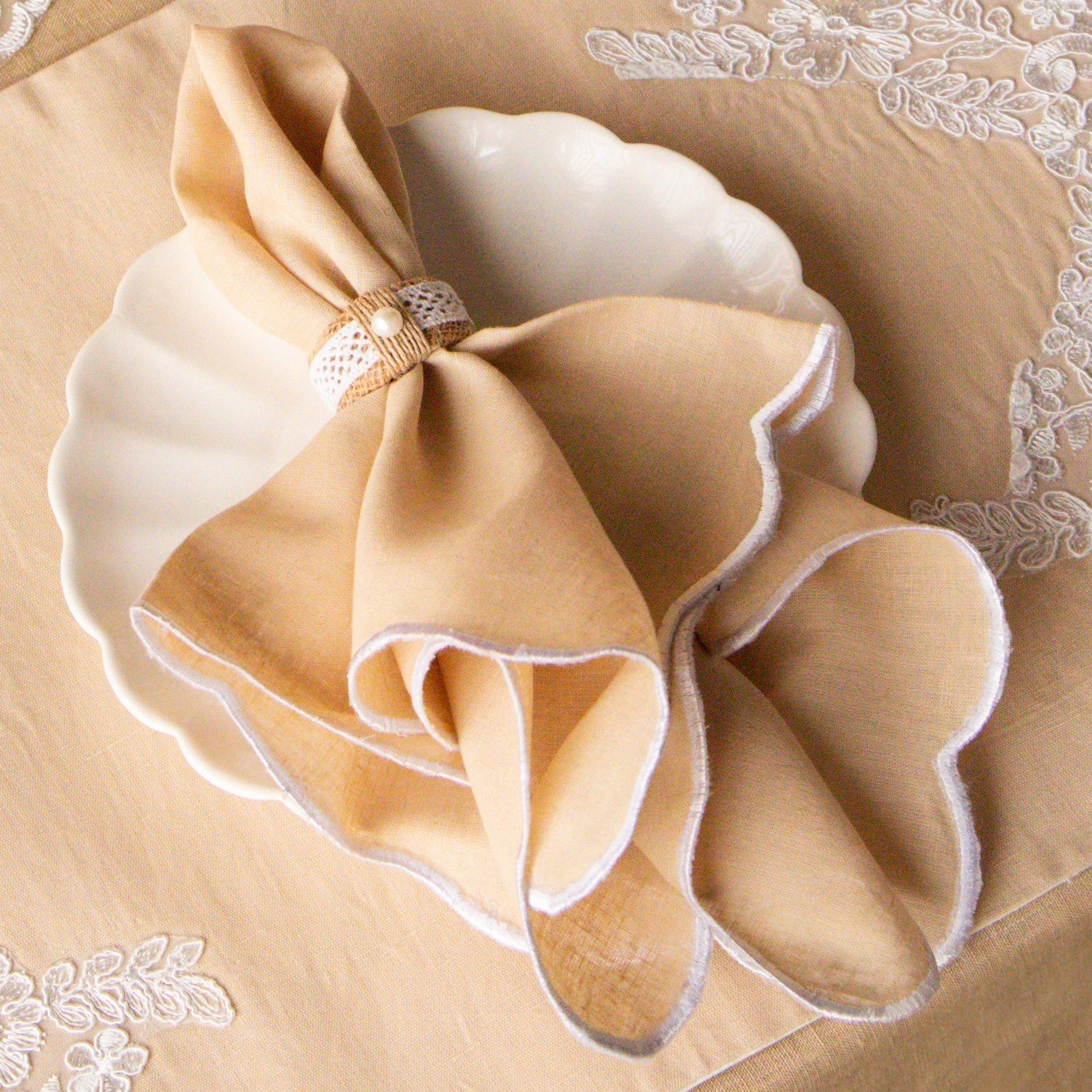 Beige with White Scalloped Lace Napkin