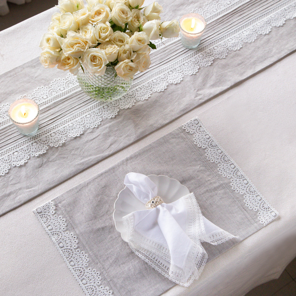 Grey With White Lace Table Linen Set