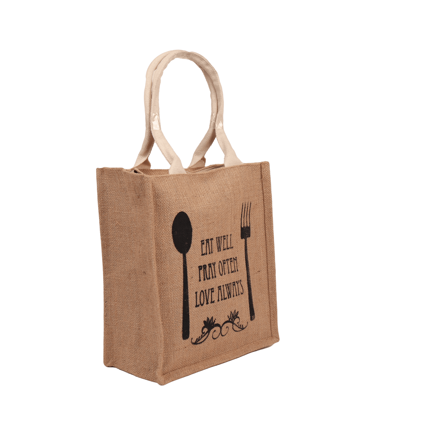 Lunch Jute Bag With Quote Eat Well Pray Often Love Always
