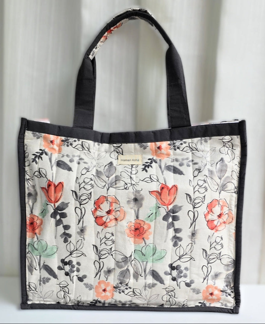 Grey Floral Tote Bag