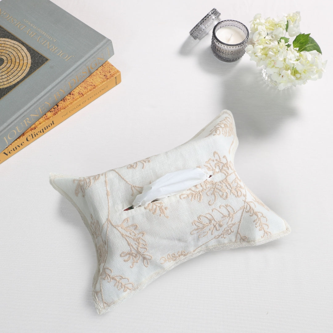Beige Floral Tissue Box Cover
