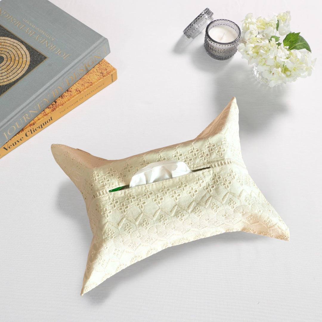 Off White Self Embroidered Tissue Box Cover