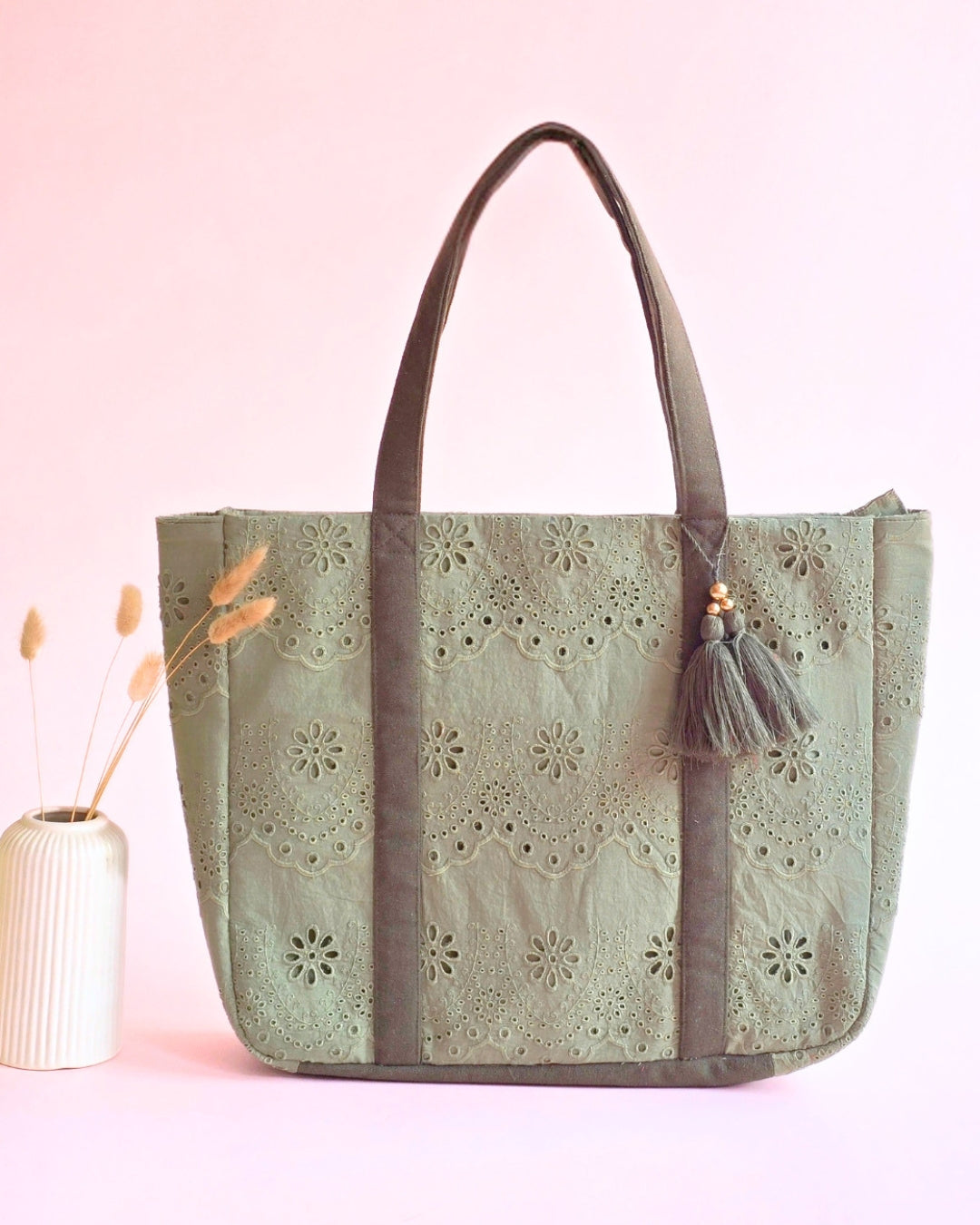 Olive Green Schiffli Tote Bag