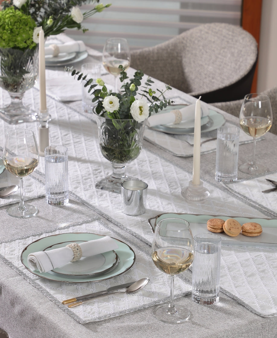 White & Silver Sequence Lace  Linen Set