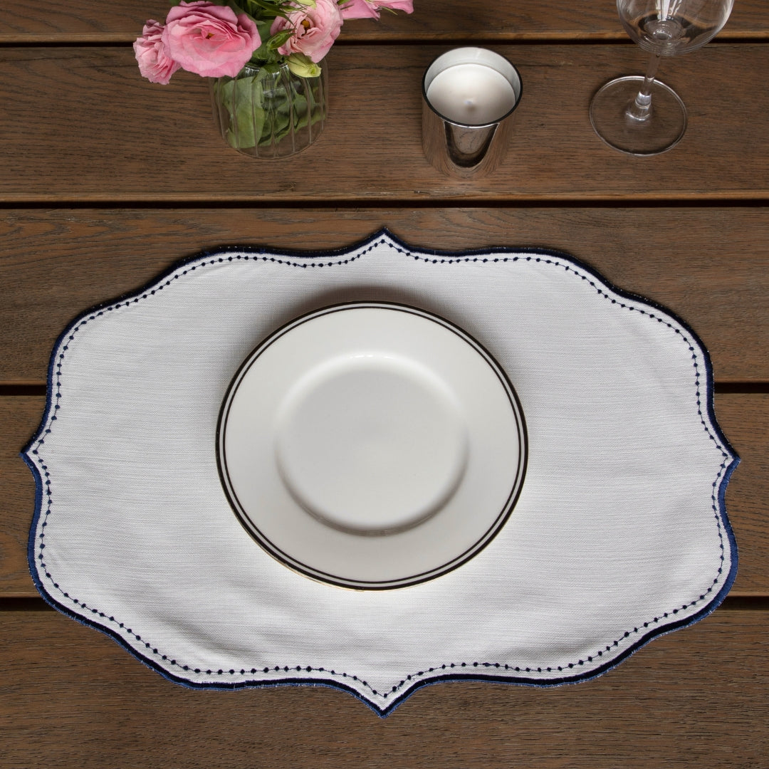 Scalloped with Blue Dotted Embroidery  Table Mat