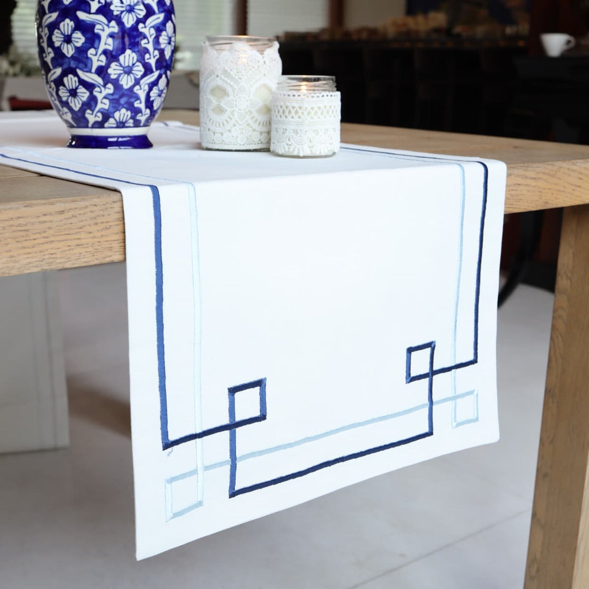 Ivory And Blue Embroidery Off white Table Runner