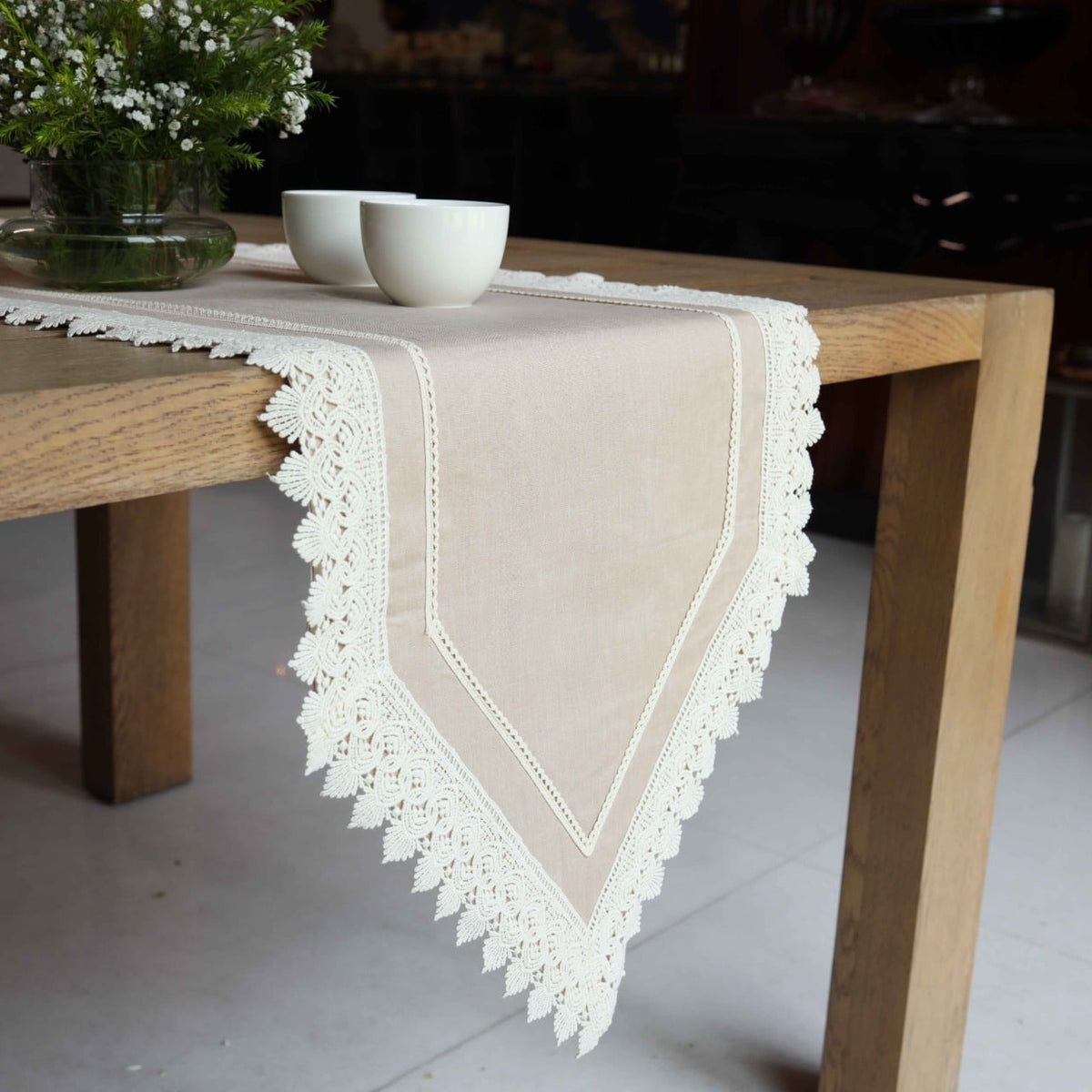 Beige With Off White Broad Lace Table Runner