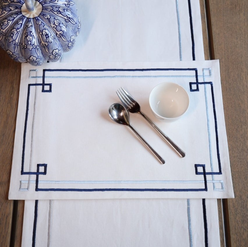Ivory And Blue Embroidery Off white Table Linen Set