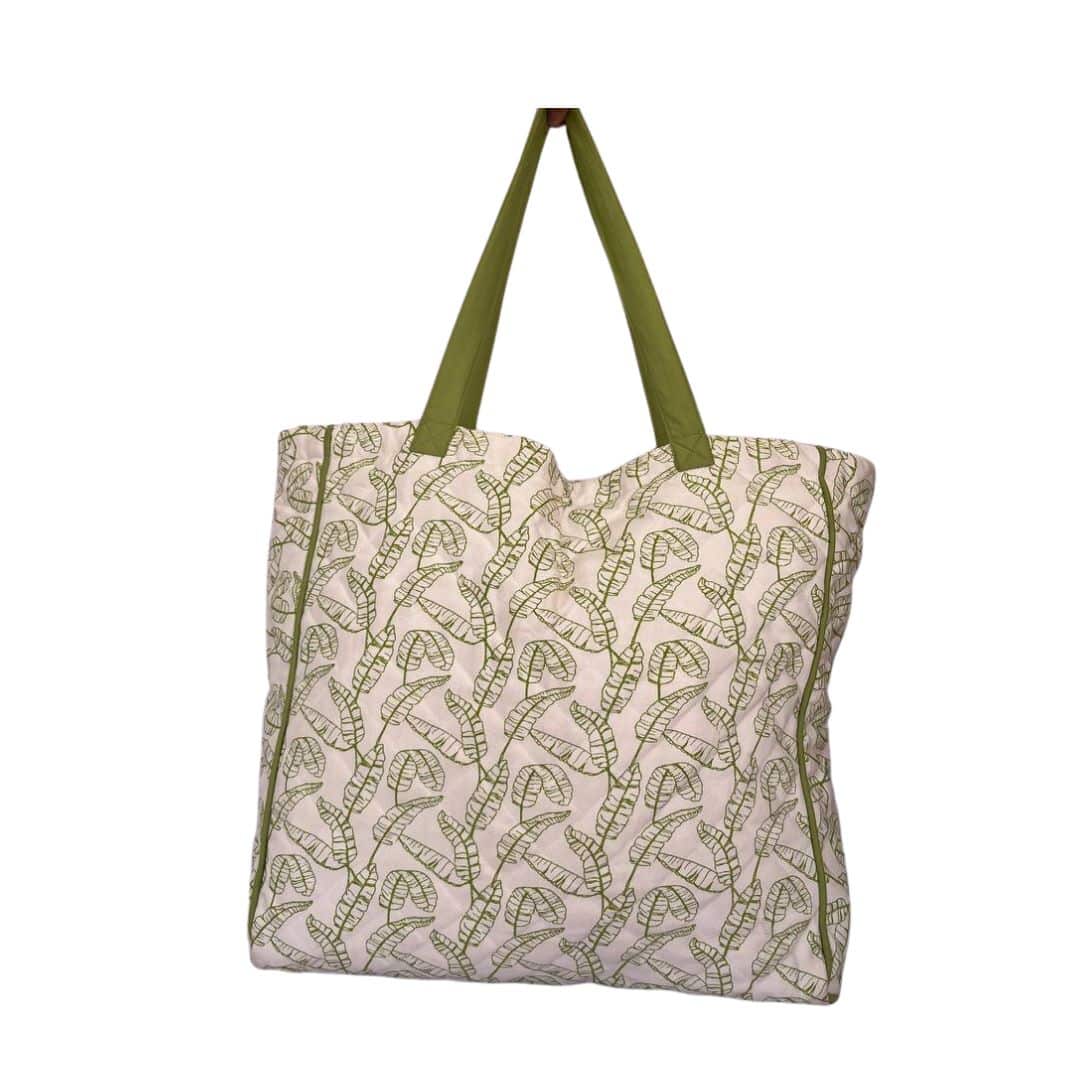 White With Green Leaves Shopping Bag With Piping