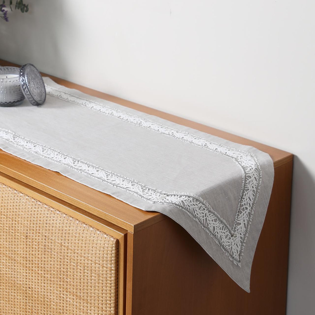 Grey With White Lace Table Runner