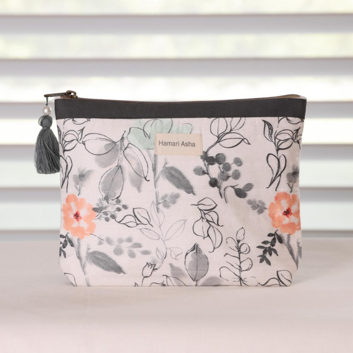 Grey Floral Accessories Pouch