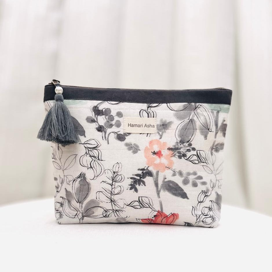 Grey Floral Accessories Pouch