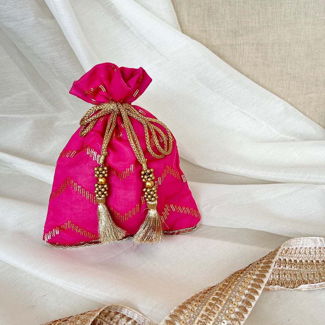 Pink Zigzag Sequined  Work Potli