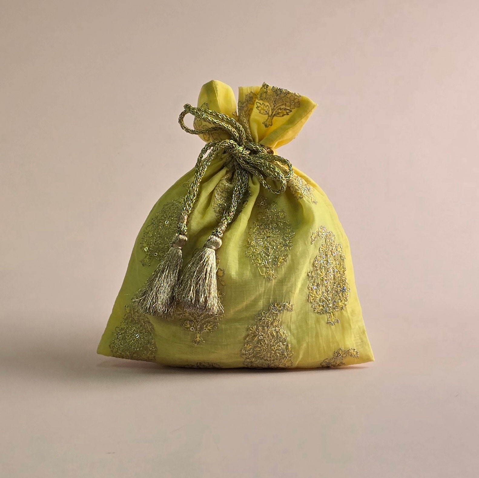 Pastel Yellow Self  Embroidered Small  Potli