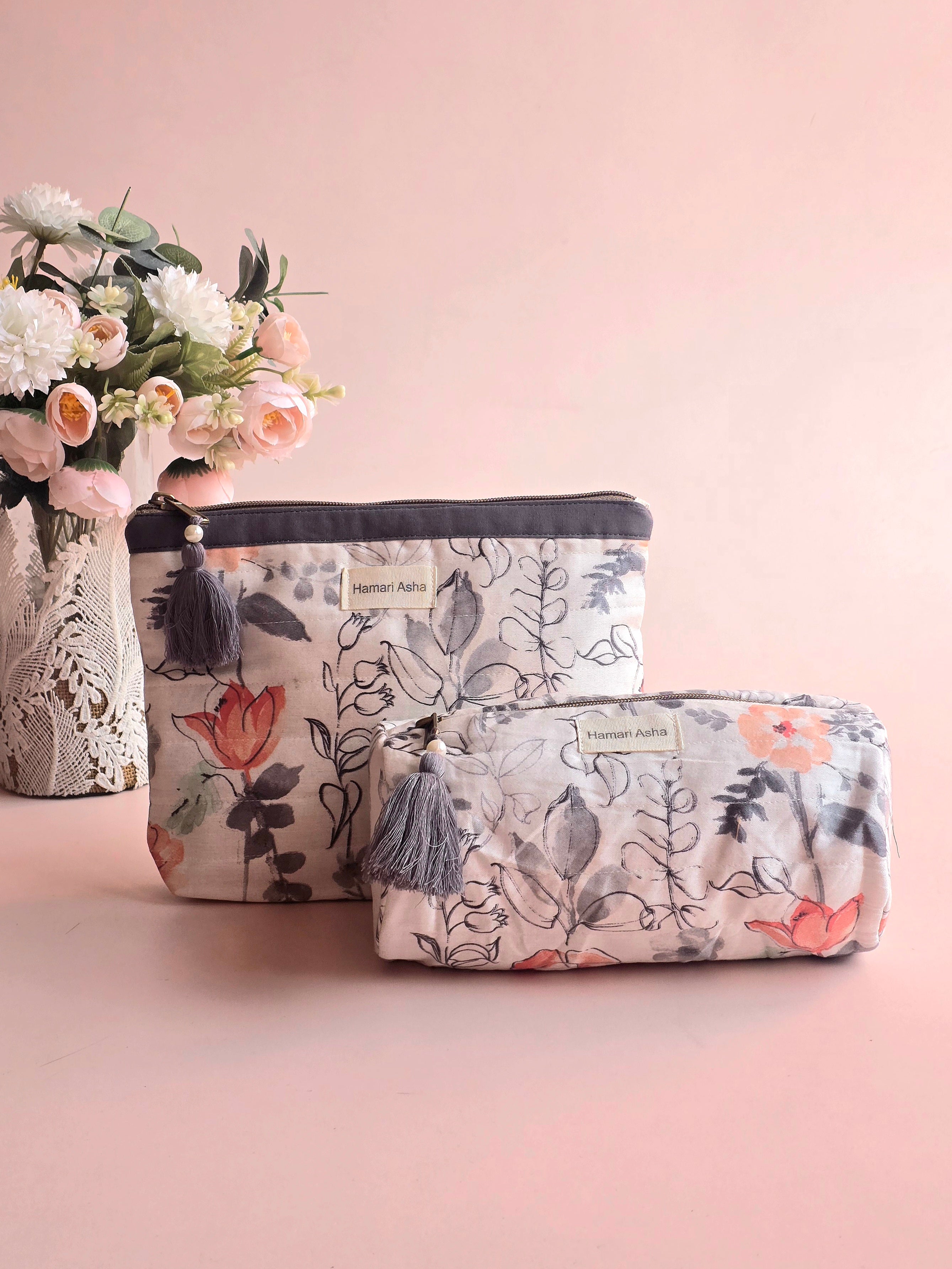 Grey Floral Pouch Set