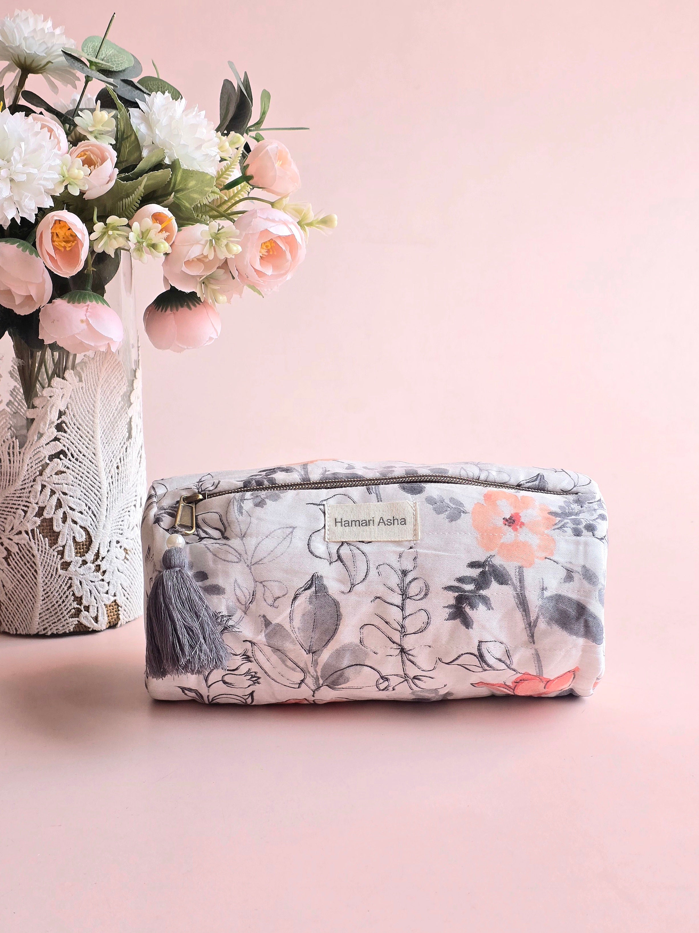 Grey Floral Pouch Set